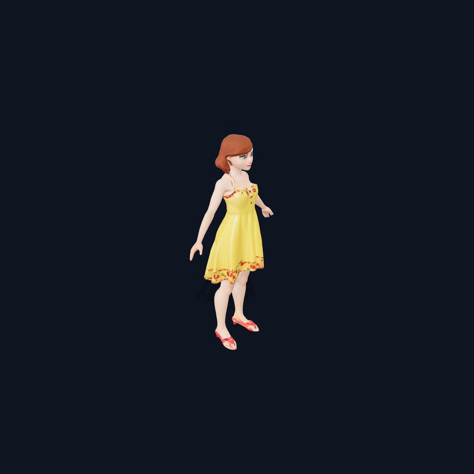 Sunny Day Female Character in Yellow Dress Rigged and Animated